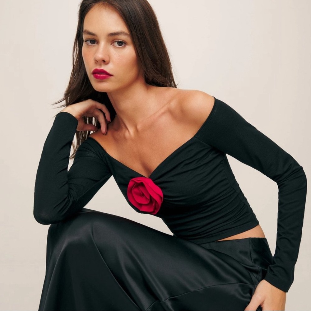 Reformation Black Off-the-Shoulder Long-Sleeve Top with Red Rose Detail